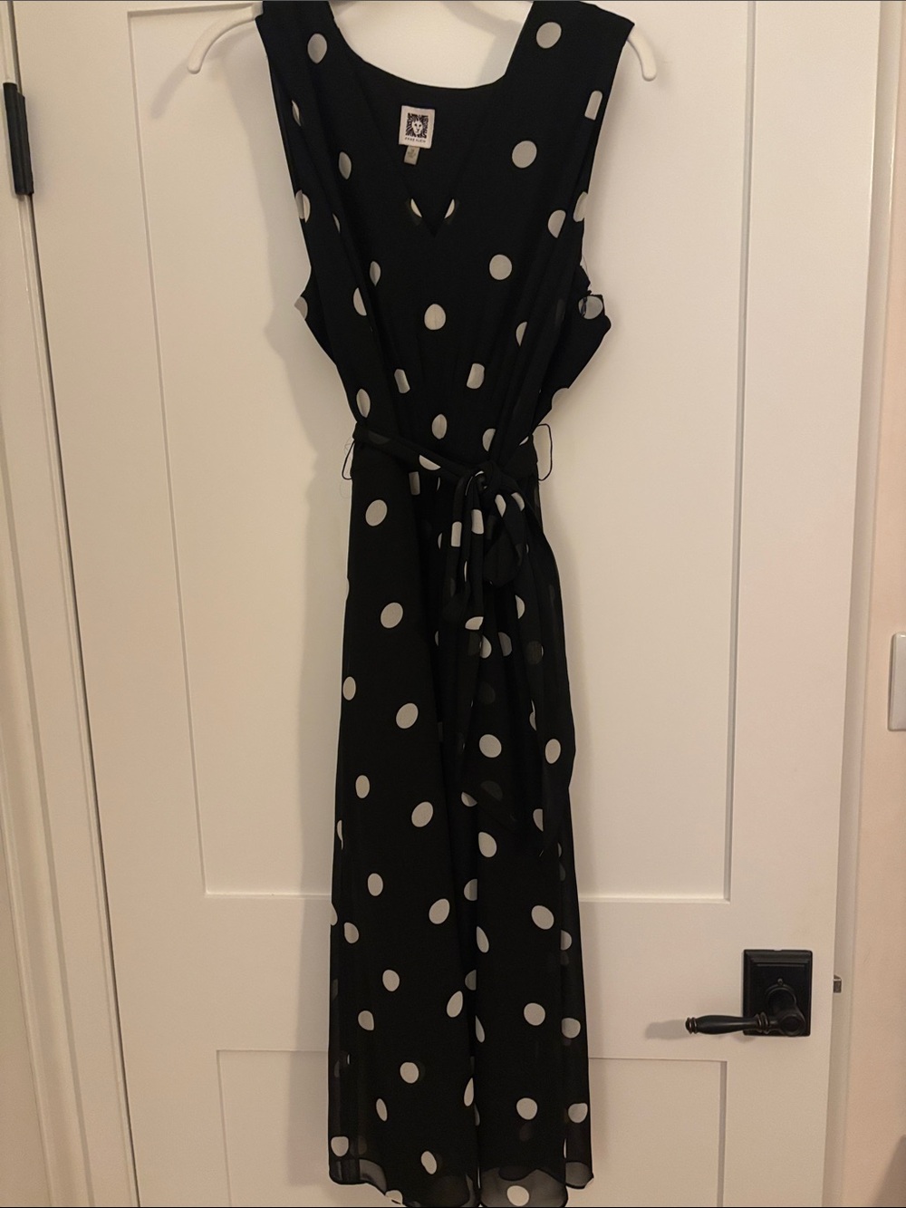 Anne Klein Black and White Polka Dot Midi Dress with Tie Waist